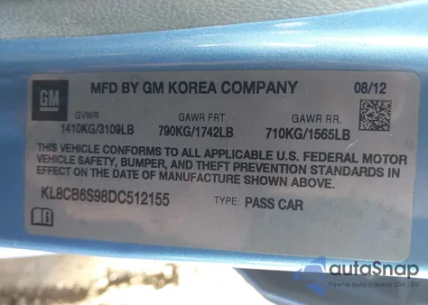 2013 Chevrolet Spark Ls Auto из США, поврежденный, VIN KL8CB6S98DC512155